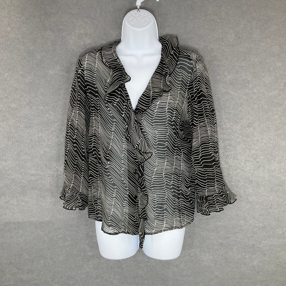 Cache Ruffle Blouse Sheer Top 100% Silk Long Sleeve Black White‎ Career Size M